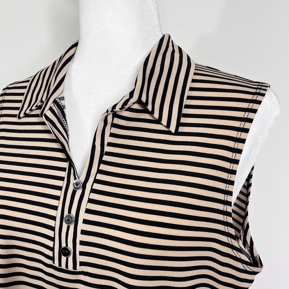 Diana Belle Womens Sleeveless Top L Black & Tan Striped 1/4 Button Collared Tank - Picture 4 of 7